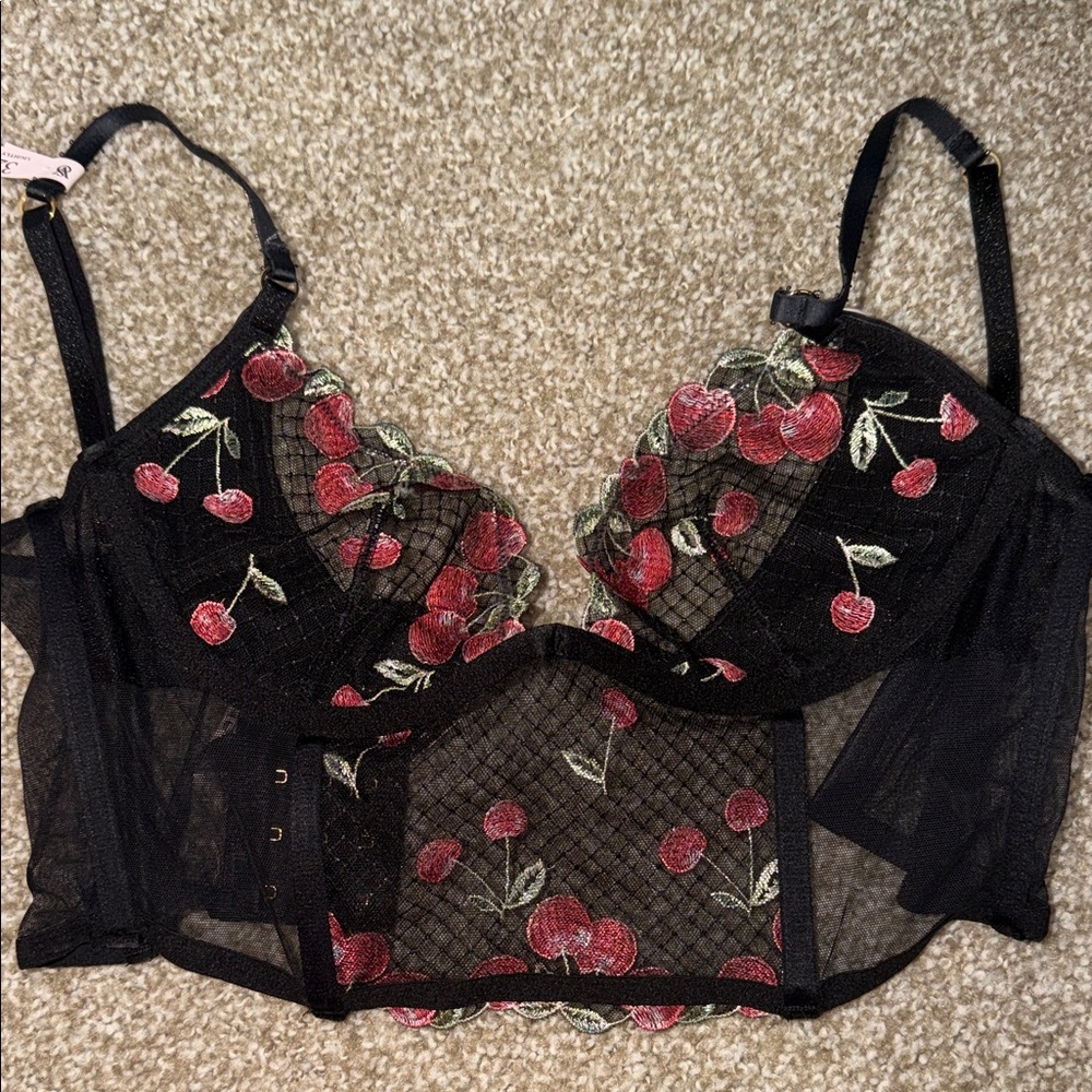 Victoria's Secret Black Mesh Bralette with Cherry Embroidery